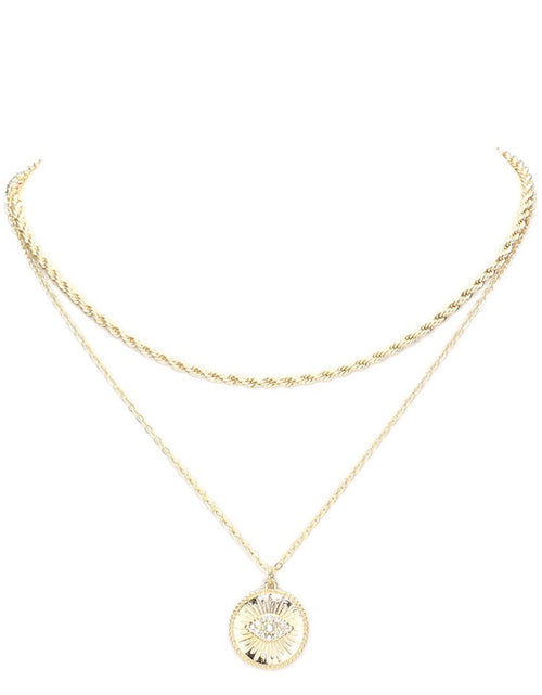 Load image into Gallery viewer, Rhinestone Evil Eye Charm Round Pendant Layer Chain Necklace by Madeline Love
