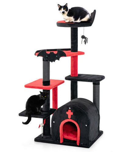 Gothic Cat Tree 53 Inch Tall Cat Tower with Cat Bed and Arch-Shaped Condo-Black