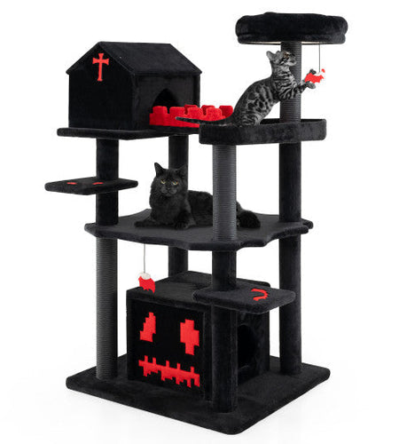 Gothic Cat Tree 49 Inch Tall Cat Tower 6-Tier Cat Activity Center with Coffin Bed-Black