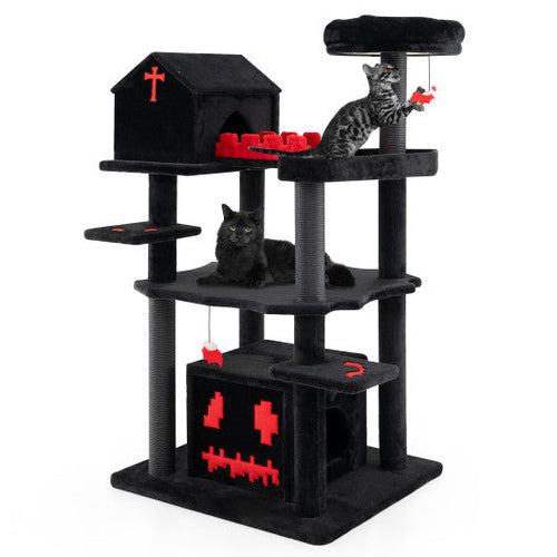 Load image into Gallery viewer, Gothic Cat Tree 49 Inch Tall Cat Tower 6-Tier Cat Activity Center with Coffin Bed-Black
