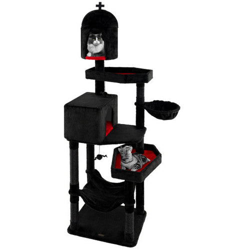 Gothic Cat Tree with 2 Cat Condos and Coffin Bed for Indoor Cats-Black