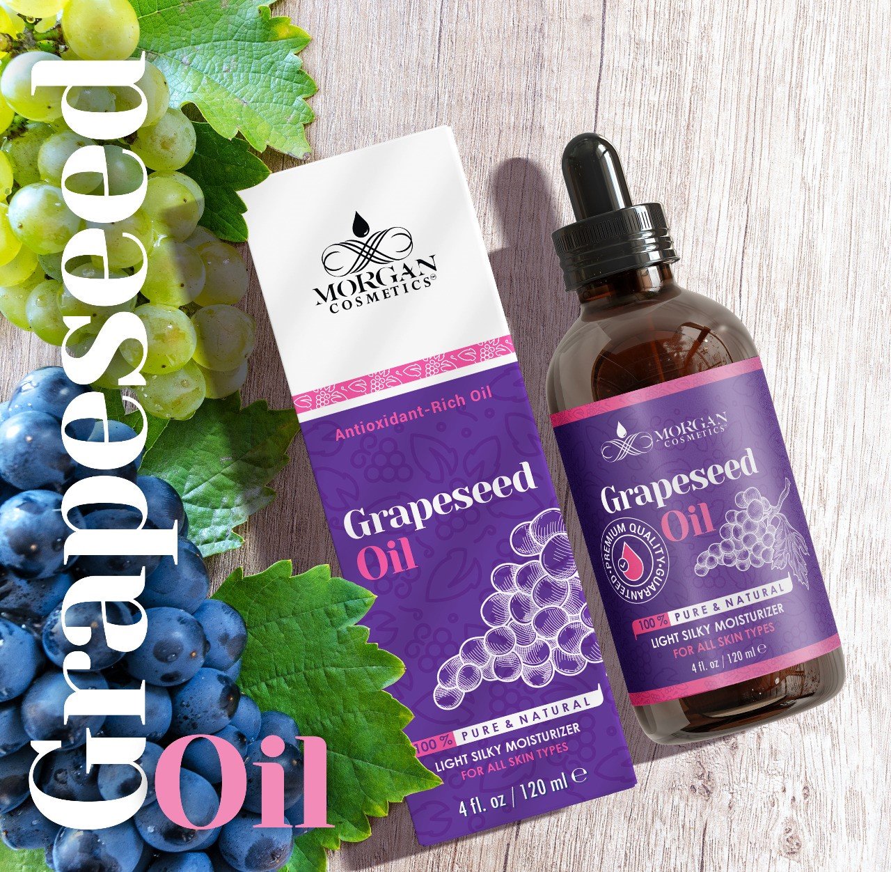 100% Pure Grapeseed Oil Antioxidant-rich Oil For all Skin types 4 fl oz 118 ml by Morgan Cosmetics