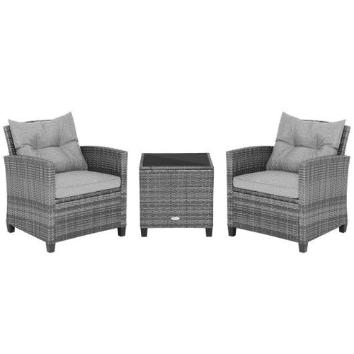 Load image into Gallery viewer, 3 Pieces Outdoor Wicker Conversation Set with Tempered Glass Tabletop-Gray
