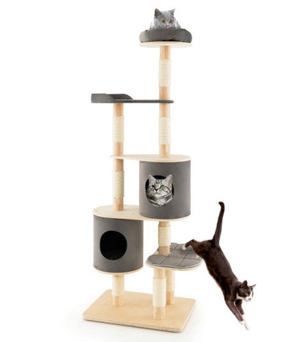 6-Tier Wooden Cat Tree with 2 Removeable Condos Platforms and Perch-Gray