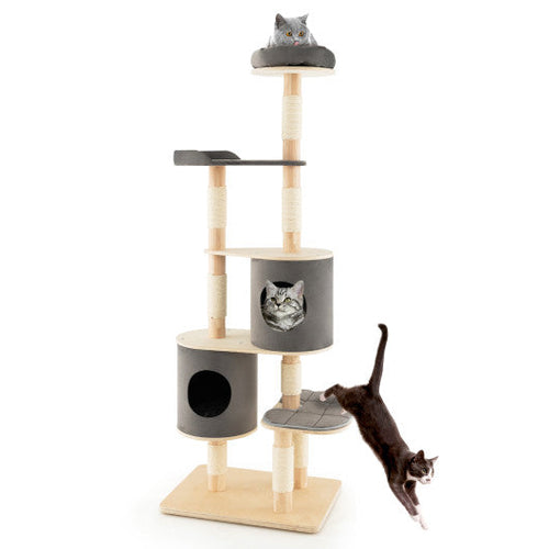 Load image into Gallery viewer, 6-Tier Wooden Cat Tree with 2 Removeable Condos Platforms and Perch-Gray
