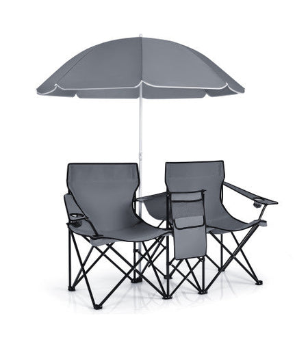 Portable Folding Picnic Double Chair With Umbrella-Gray