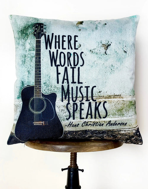Load image into Gallery viewer, Guitar | Where Words Fail Music Speaks | Pillow Cover | Home Decor | Throw Pillow | Gift | Music decor | Music Gifts by UniikPillows
