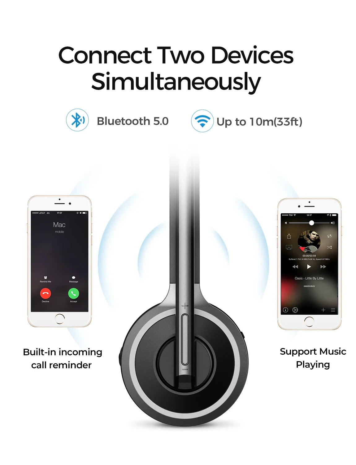 1/2 pack Mpow M5 Bluetooth V5.0 Headset Wireless Truck Driver Headphones Hands-free Call Headset with Mic for Call Center Office
