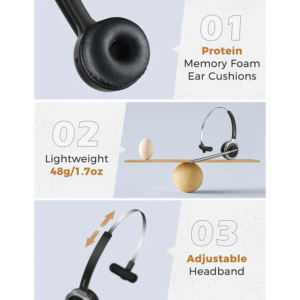 1/2PCS Mpow M5 Wireless Headphones Bluetooth Headset with Mic Noise Canceling Computer Headphone for PC Laptop Truck Driver Call