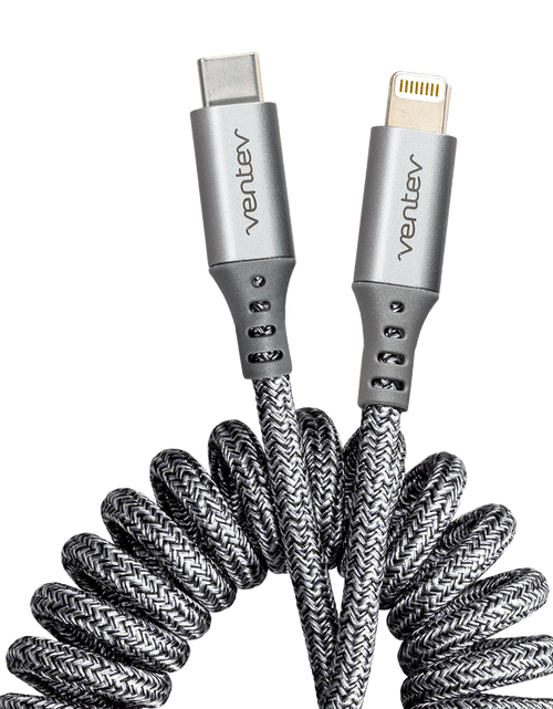 Load image into Gallery viewer, Ventev chargesync helix coiled USB C to Apple Lightning Cable 3ft Gray by Ventev
