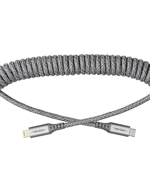 Load image into Gallery viewer, Ventev chargesync helix coiled USB C to Apple Lightning Cable 3ft Gray by Ventev
