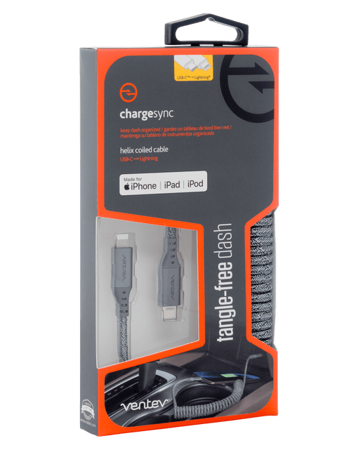 Load image into Gallery viewer, Ventev chargesync helix coiled USB C to Apple Lightning Cable 3ft Gray by Ventev
