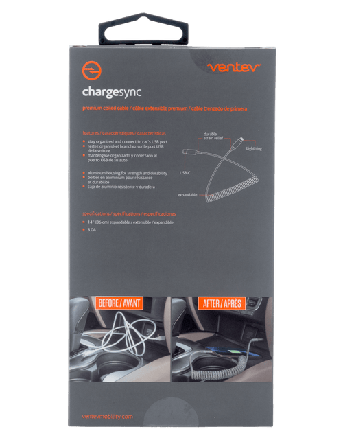 Load image into Gallery viewer, Ventev chargesync helix coiled USB C to Apple Lightning Cable 3ft Gray by Ventev
