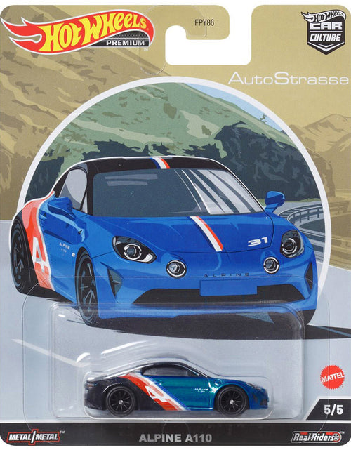 Load image into Gallery viewer, Alpine A110 Blue Metallic and Black with Graphics "Auto Strasse" Series Diecast Model Car by Hot Wheels
