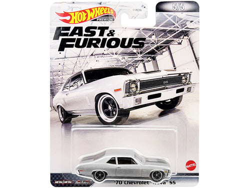 Load image into Gallery viewer, 1970 Chevrolet Nova SS Silver Metallic with Black Stripes "Fast &amp; Furious" Series Diecast Model Car by Hot Wheels
