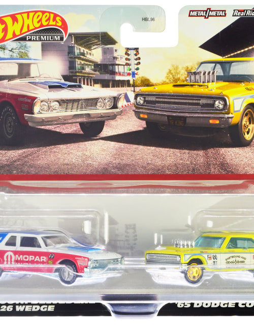 Load image into Gallery viewer, 1963 Plymouth Belvedere 426 Wedge "MOPAR" White and Red with Blue Top and 1965 Dodge Coronet "Eastbound and Crowned" Yellow and White "Car Culture" Set of 2 Cars Diecast Model Cars by Hot Wheels
