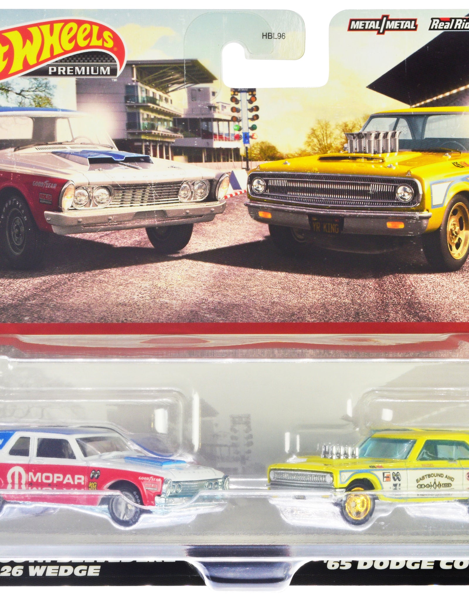 1963 Plymouth Belvedere 426 Wedge "MOPAR" White and Red with Blue Top and 1965 Dodge Coronet "Eastbound and Crowned" Yellow and White "Car Culture" Set of 2 Cars Diecast Model Cars by Hot Wheels