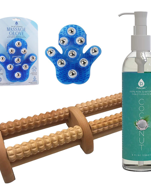 Load image into Gallery viewer, Pursonic Relaxation Gift Bundle: Palm Shaped Massage Glove, Wooden Foot Massager, and Fractionated Coconut Oil by Pursonic
