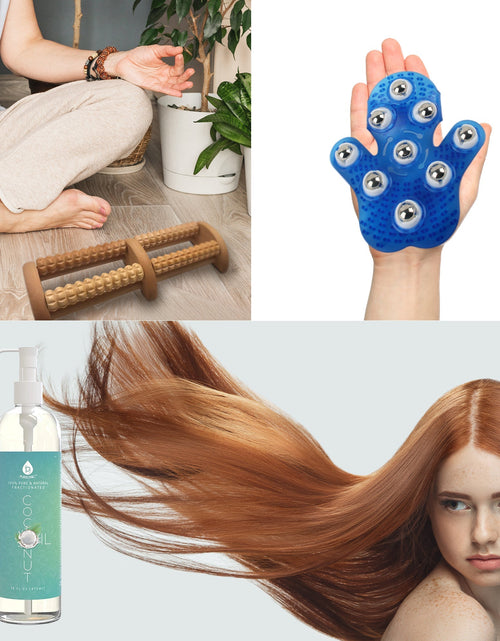 Load image into Gallery viewer, Pursonic Relaxation Gift Bundle: Palm Shaped Massage Glove, Wooden Foot Massager, and Fractionated Coconut Oil by Pursonic
