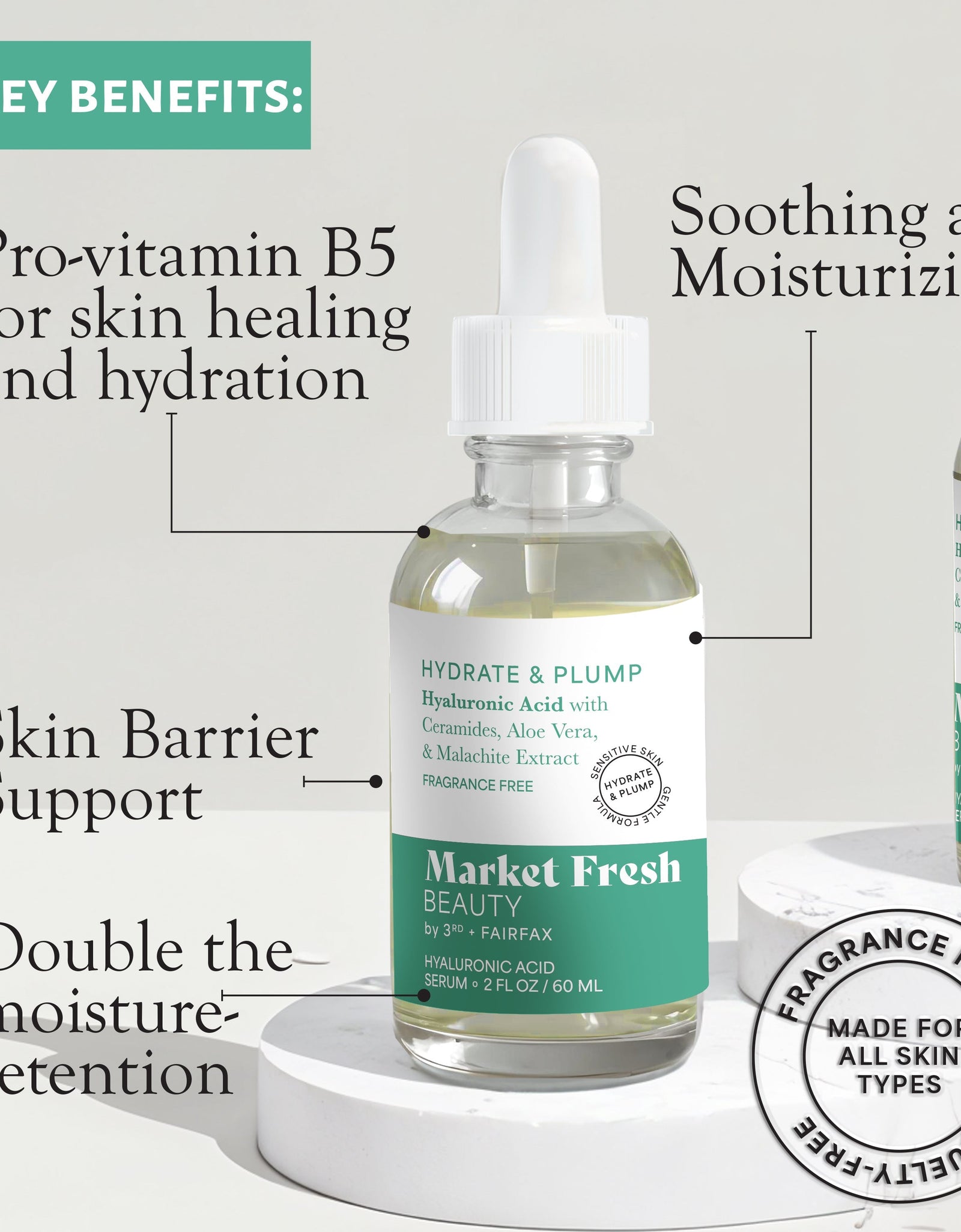 Market Fresh Beauty Hyaluronic Acid Serum - Hydrate & Plump with Ceramides, Aloe Vera, & Malachite Extract | Fragrance-Free | 2 fl oz by  Los Angeles Brands