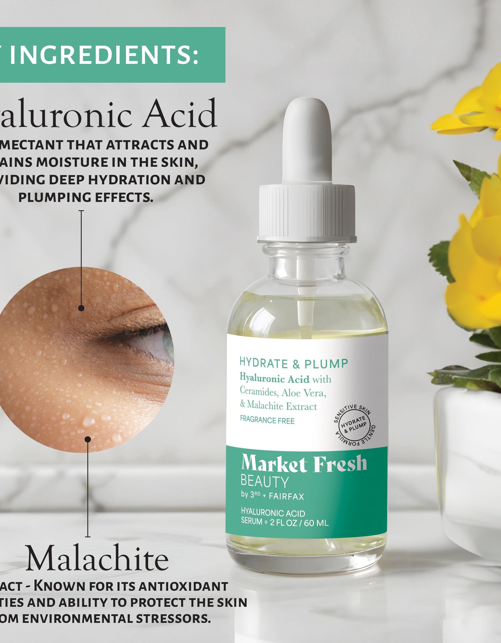 Market Fresh Beauty Hyaluronic Acid Serum - Hydrate & Plump with Ceramides, Aloe Vera, & Malachite Extract | Fragrance-Free | 2 fl oz by  Los Angeles Brands