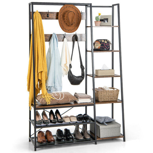 Load image into Gallery viewer, 5-in-1 Entryway Hall Tree with Storage Bench with 9 Hooks-Rustic Brown
