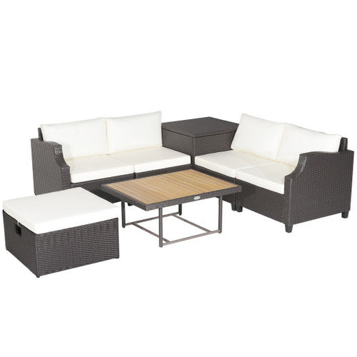 Load image into Gallery viewer, 7 Pieces Hand-Woven Wicker Outdoor Furniture Set with Acacia Wood Coffee Table-White
