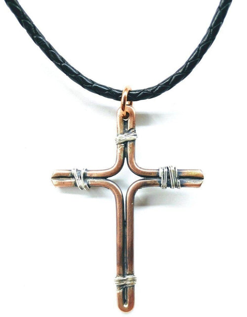 Load image into Gallery viewer, Handmade Copper and Silver Wire Cross Necklace for men by Alexa Martha Designs
