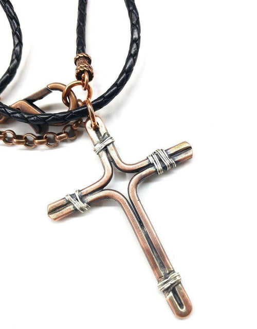 Load image into Gallery viewer, Handmade Copper and Silver Wire Cross Necklace for men by Alexa Martha Designs
