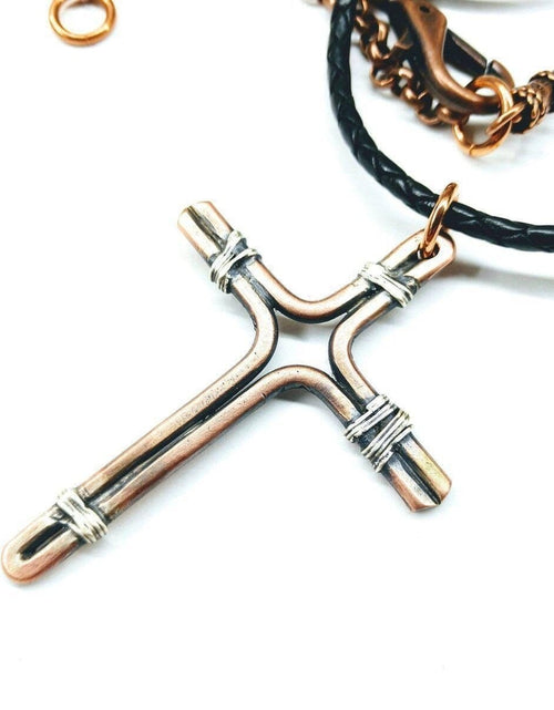 Load image into Gallery viewer, Handmade Copper and Silver Wire Cross Necklace for men by Alexa Martha Designs
