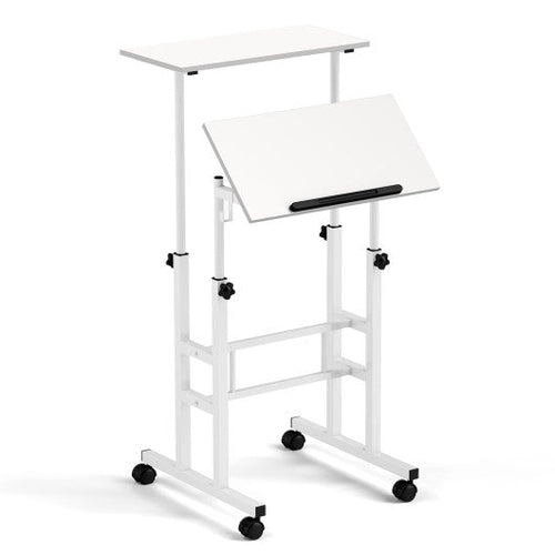 Load image into Gallery viewer, Mobile Standing Desk Height-Adjustable Laptop Cart with Split Top and Hanging Hooks-White
