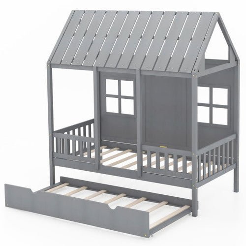 Load image into Gallery viewer, Twin Size Bed Frame House Bed with Trundle and 82 Inch Tall Roof-Gray
