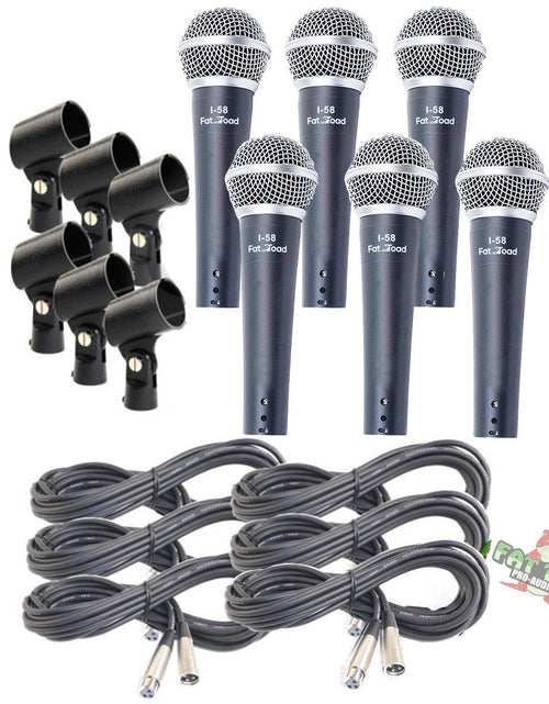Load image into Gallery viewer, Cardioid Vocal Microphones with XLR Mic Cables &amp; Clips (6 Pack) by FAT TOAD - Dynamic Handheld by GeekStands.com
