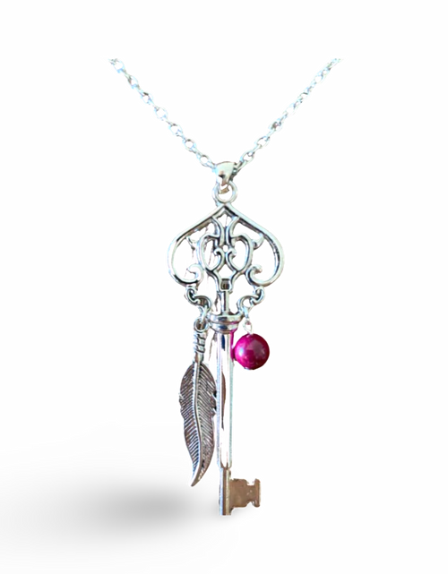 Load image into Gallery viewer, Skeleton Key Necklace with Pink Tiger’s Eye by The Urban Charm
