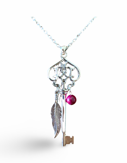 Load image into Gallery viewer, Skeleton Key Necklace with Pink Tiger’s Eye by The Urban Charm
