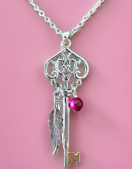 Load image into Gallery viewer, Skeleton Key Necklace with Pink Tiger’s Eye by The Urban Charm
