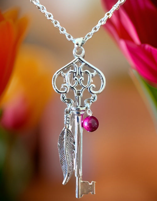 Load image into Gallery viewer, Skeleton Key Necklace with Pink Tiger’s Eye by The Urban Charm
