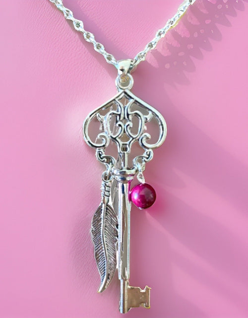 Load image into Gallery viewer, Skeleton Key Necklace with Pink Tiger’s Eye by The Urban Charm
