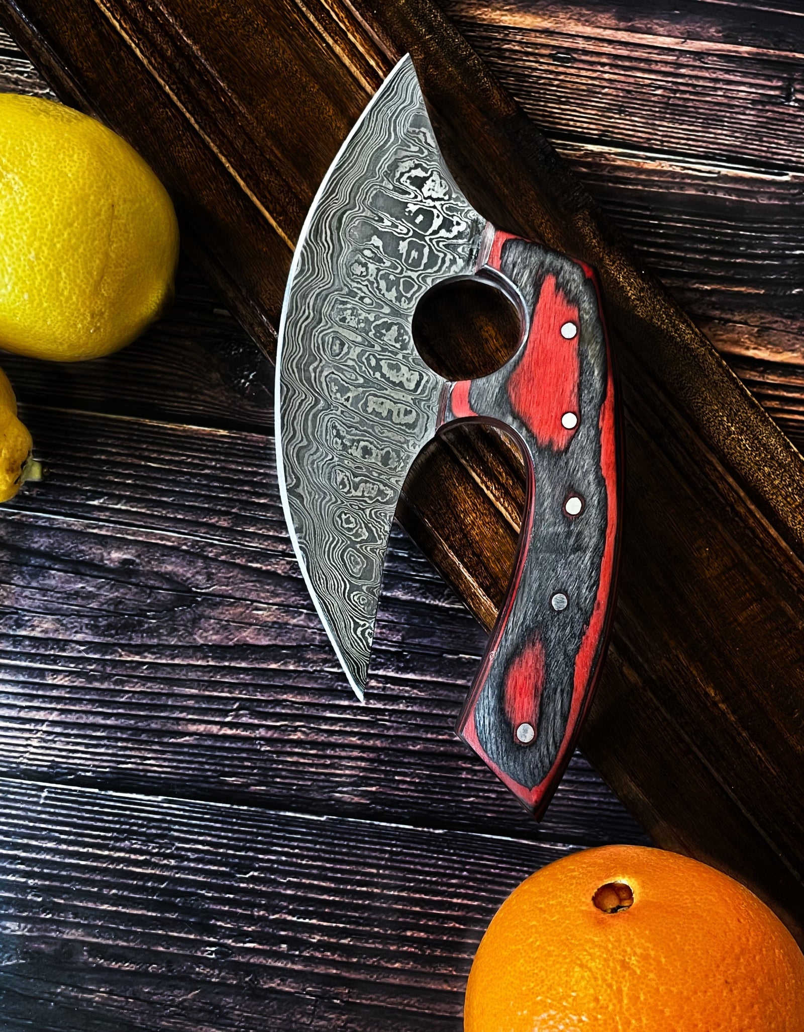Custom Alaskan Ulu style blade, perfect for outdoors and indoor use, diamond wood (red and black) by Titan International Knives