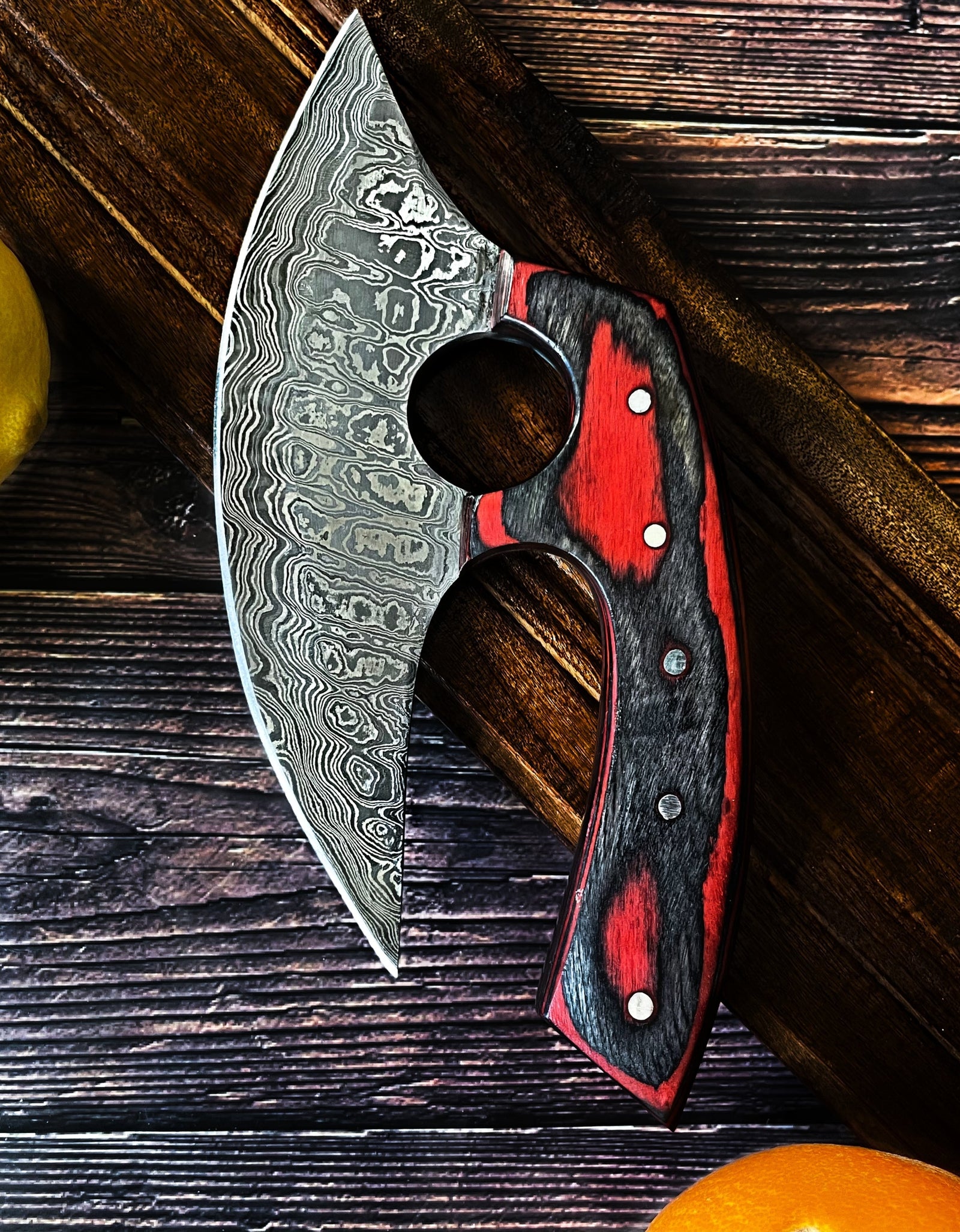 Custom Alaskan Ulu style blade, perfect for outdoors and indoor use, diamond wood (red and black) by Titan International Knives