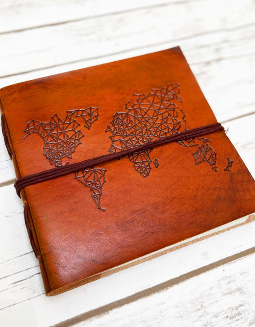 Load image into Gallery viewer, World Map 7x7 Artist Handmade Leather Journal by Soothi
