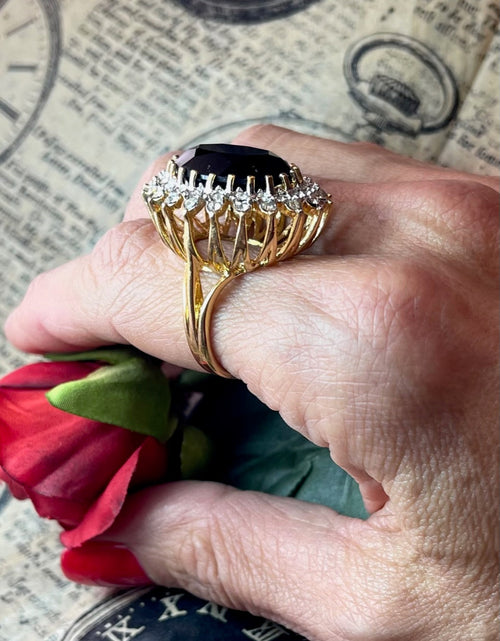 Load image into Gallery viewer, Vintage Amethyst and Clear Austrian Crystal Cocktail Ring 18k Yellow Gold Electroplated Made in USA by PVD Vintage Jewelry
