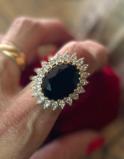 Load image into Gallery viewer, Vintage Amethyst and Clear Austrian Crystal Cocktail Ring 18k Yellow Gold Electroplated Made in USA by PVD Vintage Jewelry
