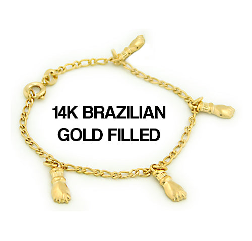 Load image into Gallery viewer, 14k Brazilian Gold Filled Figaro Fist Charm Bracelet 5''
