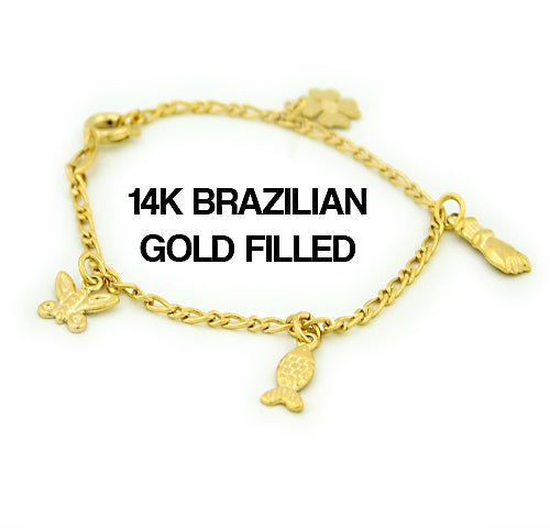 Load image into Gallery viewer, 14k Brazilian Gold Filled Figaro Butterfly Fish Flower Fist Charm Bracelet 5''

