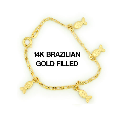 Load image into Gallery viewer, 14k Brazilian Gold Filled Figaro Fish Charm Bracelet 5''
