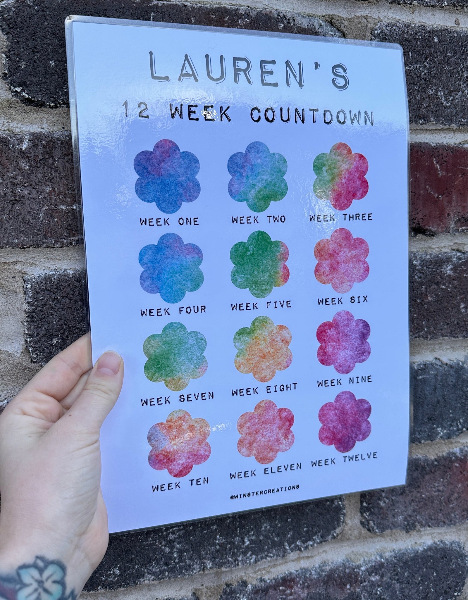 Personalised A4 Any Name Rainbow Watercolour Flower 12 Week Countdown Weight Loss Chart Tracker Print - Laminated With Drywipe Pen by WinsterCreations™ Official Store