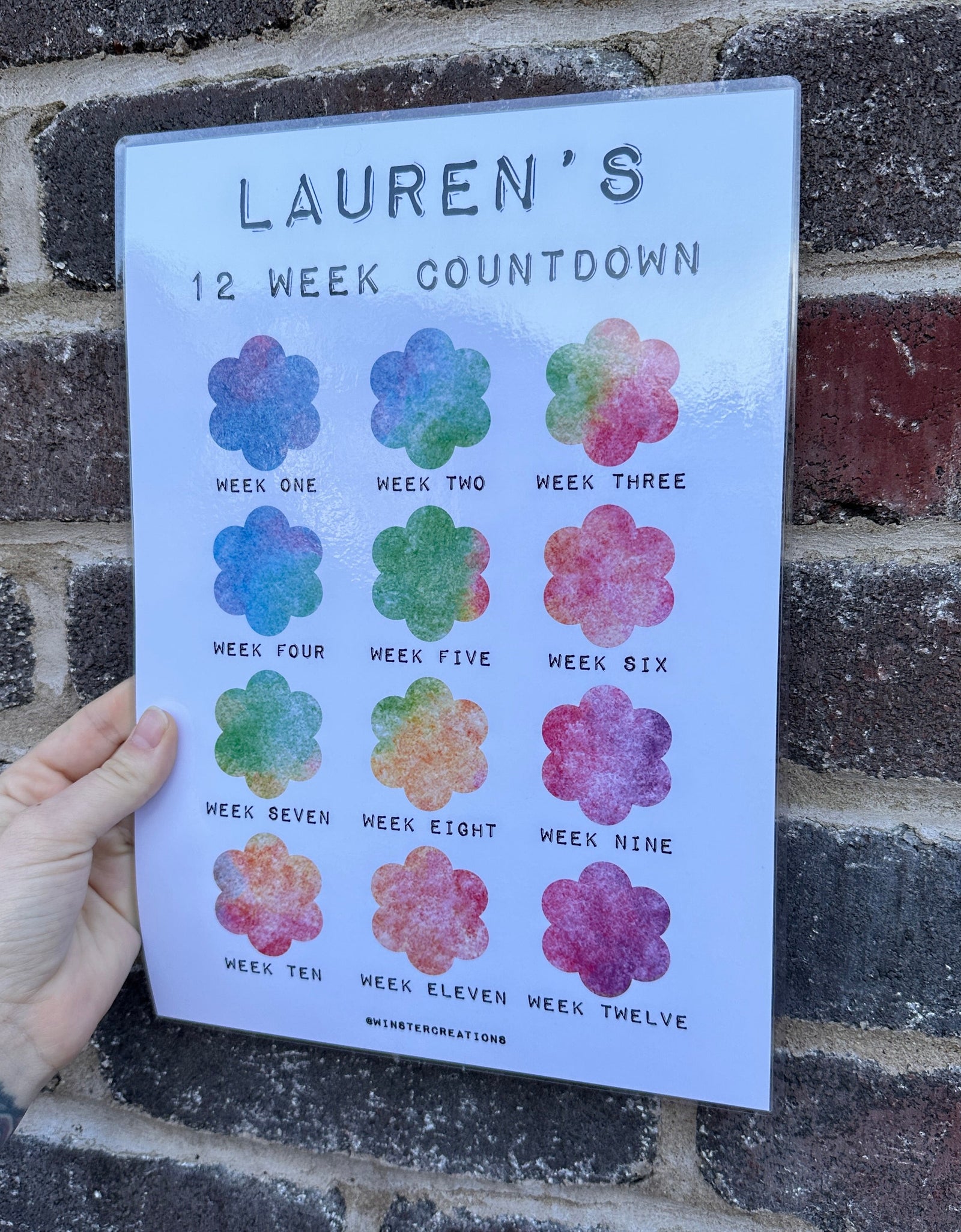 Personalised A4 Any Name Rainbow Watercolour Flower 12 Week Countdown Weight Loss Chart Tracker Print - Laminated With Drywipe Pen by WinsterCreations™ Official Store