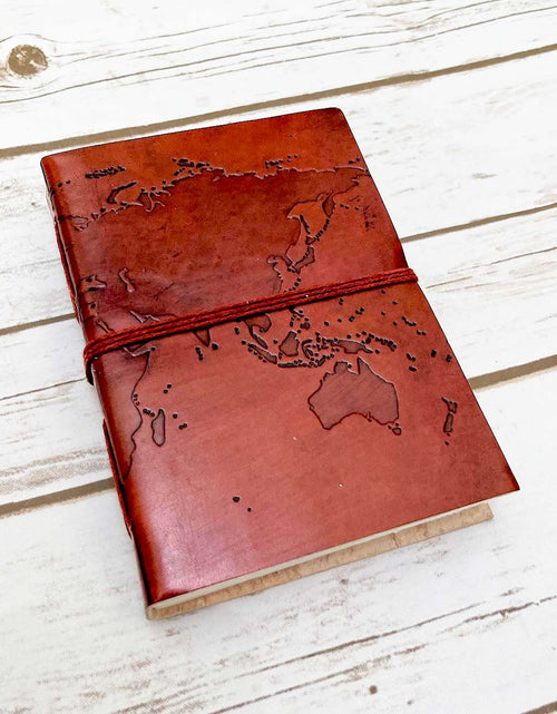 Load image into Gallery viewer, World Map 7x5 Handmade Leather Journal by Soothi

