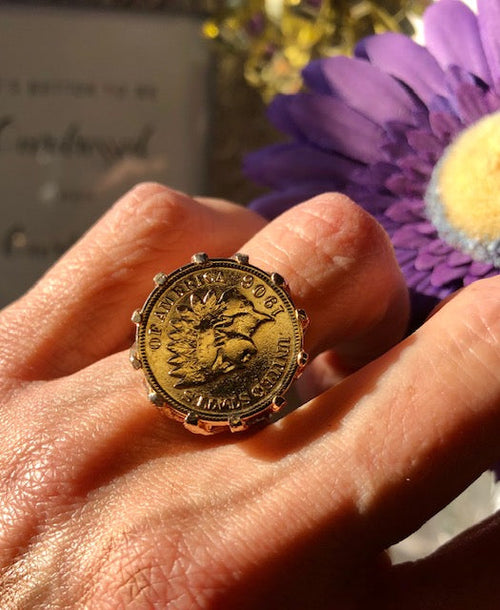 Load image into Gallery viewer, Vintage Ring Indian Head Penny Ring Antique 18k Gold Edwardian Style Handcrafted Coin Jewelry #R137 by PVD Vintage Jewelry
